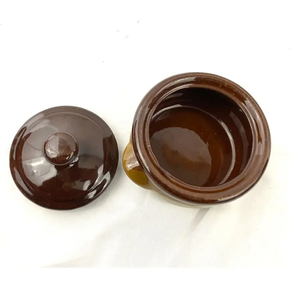 VTG Stoneware Pottery Bean Pot Double‎ Handled Brown 3 Tones Small